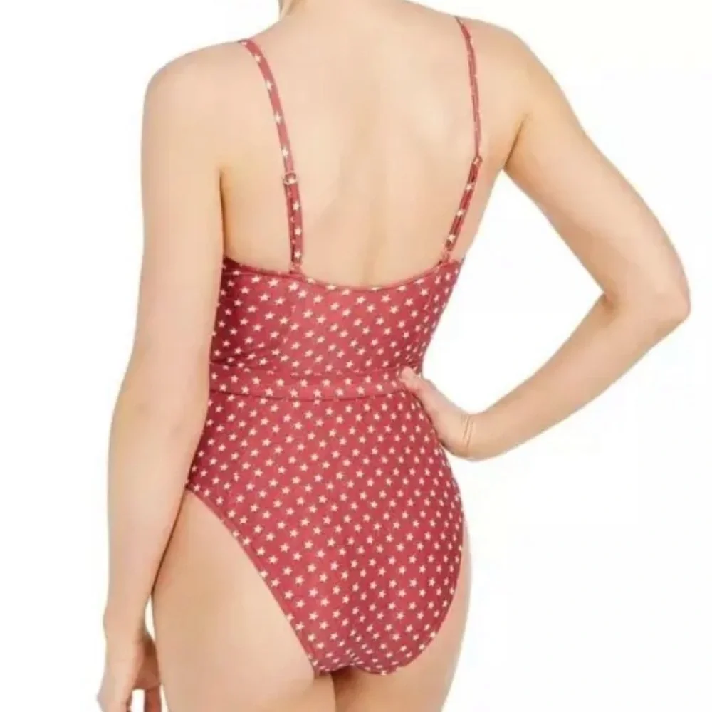 WeWoreWhat DARK RED STARS Print Danielle Belted One-Piece Swimsuit